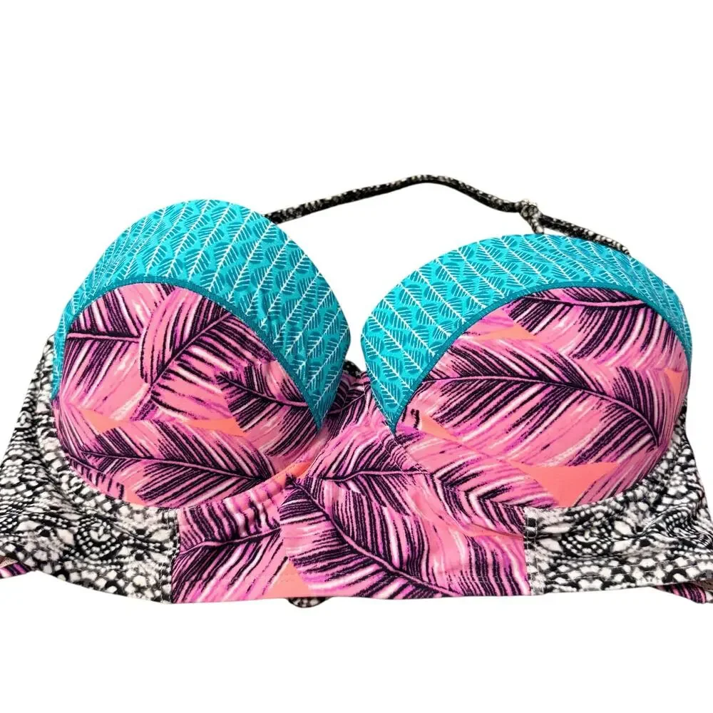 NWT hula honey pink and teal floral tropical print push up swim top size L